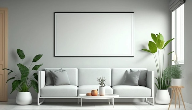 Современный дизайн интерьера, макет плаката, пустая белая рамка, Generative Ai