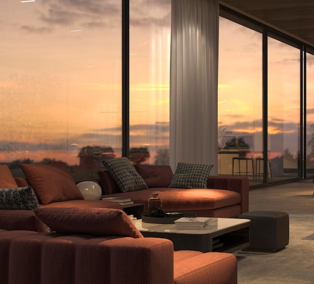 современный дизайн интерьера ночное освещение гостиной и кухни 3d визуализация иллюстрации