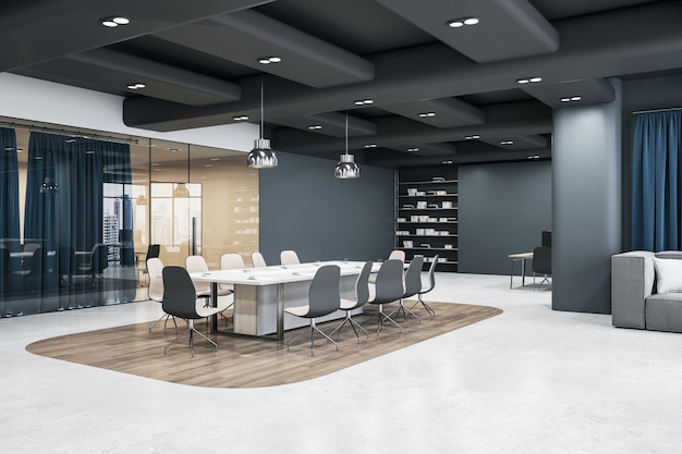 Modern interior design office with stylish white conference\
table surrounded by beige chairs on wooden island among light\
concrete floor glass door grey walls and ceiling 3d rendering