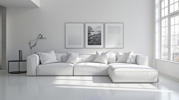 Modern interior design for posters in the living room layout with a white sofa with Generative Ai