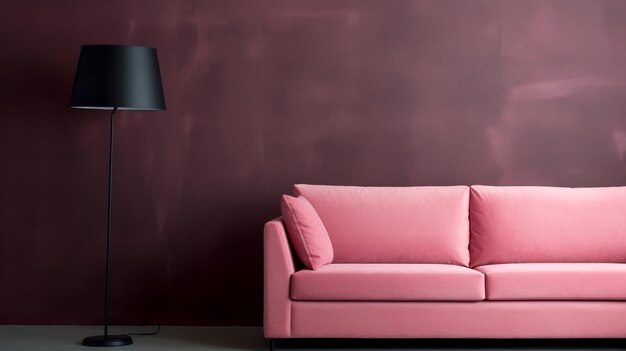 분홍색 소파와 검은색 바닥 램프가 있는 방의 현대적인 인테리어 디자인