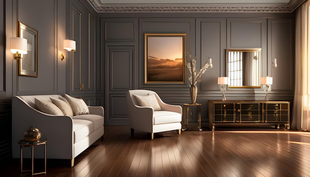 Modern interior design of scandinavian apartment living room with sofa over the wall home interior generative ai