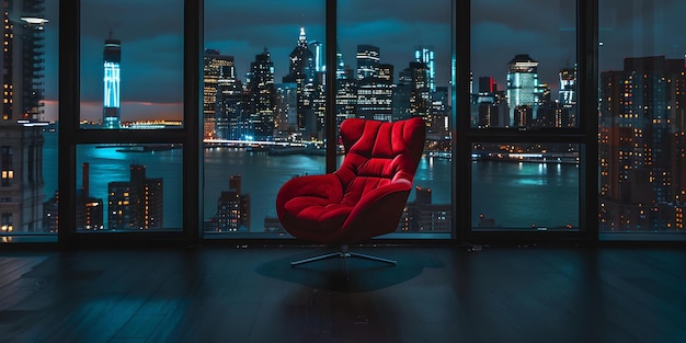 Modern interior design vibrant red chair stands out in a room with panoramic city view at night stylish urban home decor AI