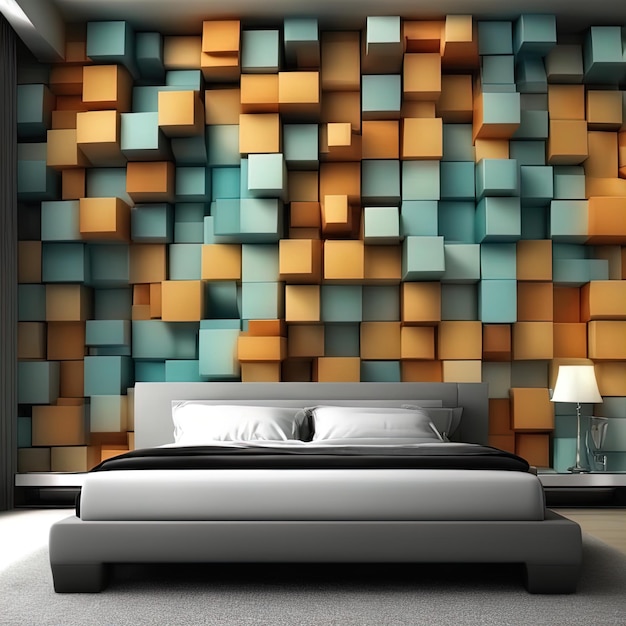 침대와 램프를 갖춘 현대적인 인테리어 디자인현대적인 밝은 인테리어 3d 렌더링 그림