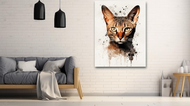 Modern interior design with cat picture on wall 3d render illustration