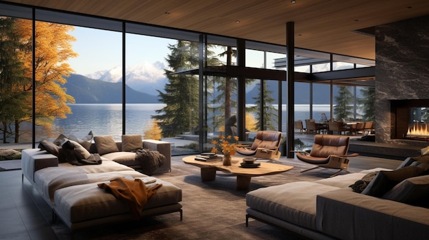 modern interior design with mountain and lake view