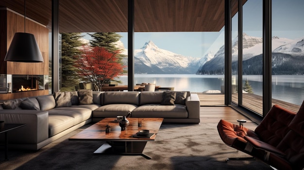 modern interior design with mountain and lake view