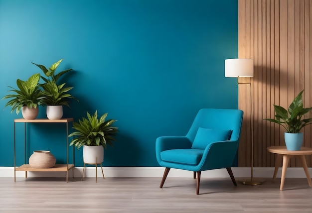 Photo a modern interior design with a teal wall and wooden paneling featuring a builtin wall shelf with