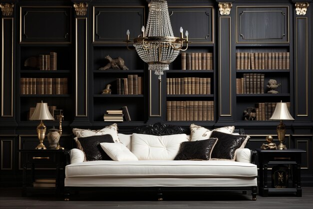 Modern Interior Design with Upholstered Furniture Against Classical Dark Wall for Home or Office