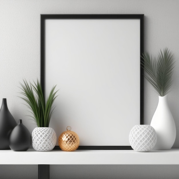 modern interior design with white empty frame black wall vase vase with plant 3 d rendering 3 d