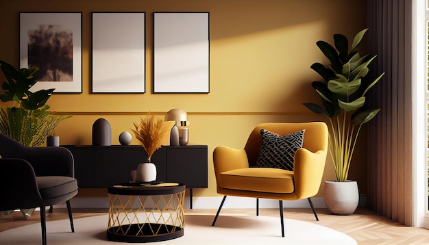 거실에 있는 현대적인 인테리어 디자인 노란색 안락의자 소파와 모의 포스터 프레임