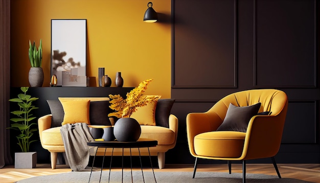 Modern interior design yellow armchair sofa in living room with and mock up poster frame