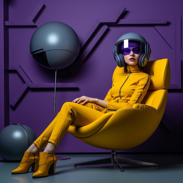 현대적인 인테리어 디자인 안락의자에 앉아 있는 어린 소녀 Futuristyc 비전 노란색 옷 보라색 b