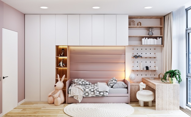 Modern interior of the girl's bedroom in warm tones of beige. 3d rendering