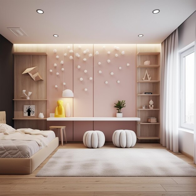 Modern Interior Of The Girls' Bedroom In Warm Tone