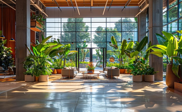 Foto interni moderni della hall dell'hotel con piante