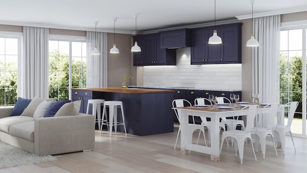 Современный интерьер дома с темно-фиолетовой кухней. 3D-рендеринг.