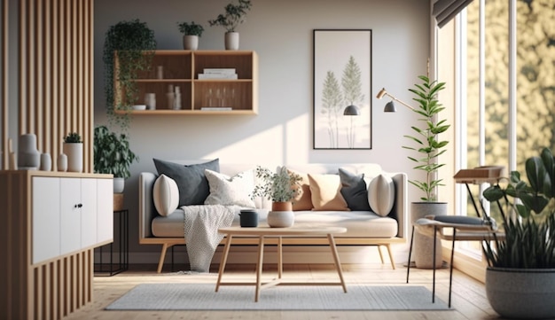 Modern interior japandi style design livingroom Light Generative Ai
