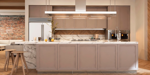 Modern interior of kitchen with living room