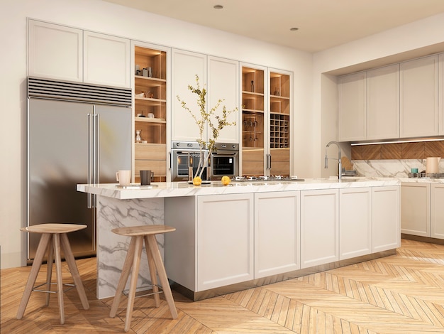 Modern interior of kitchen with living room