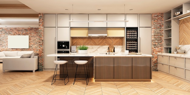 Modern interior of kitchen with living room