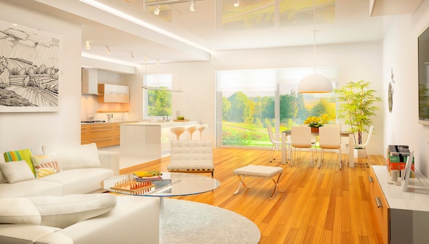 Modern interior of kitchen with living room