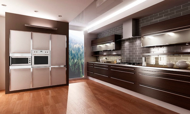 Modern interior of kitchen with living room