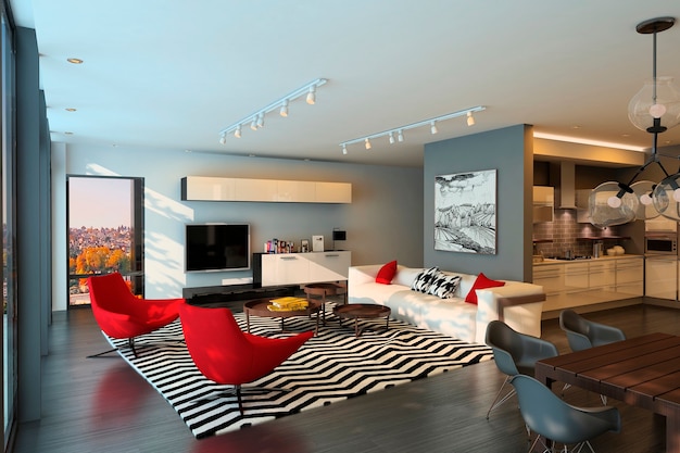 Photo modern interior of kitchen with living room