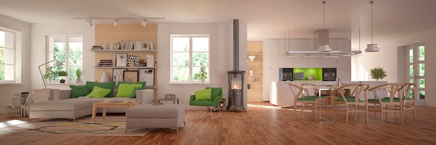 Modern interior of kitchen with living room