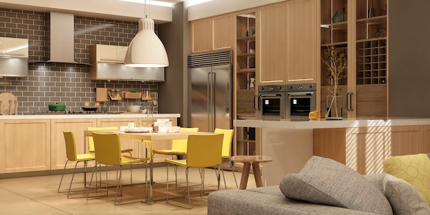 Modern interior of kitchen with living room