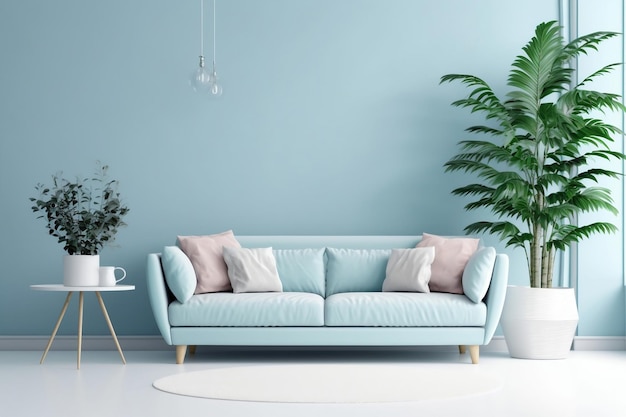 Современный интерьер гостиной синий пастельный диван и синие стены в скандинавском стиле