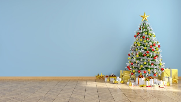 Modern  interior of living room, Christmas tree on blue wall and wood floor