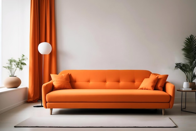 Modern interior living room design concept orange sofa bed architectural banner copy space text