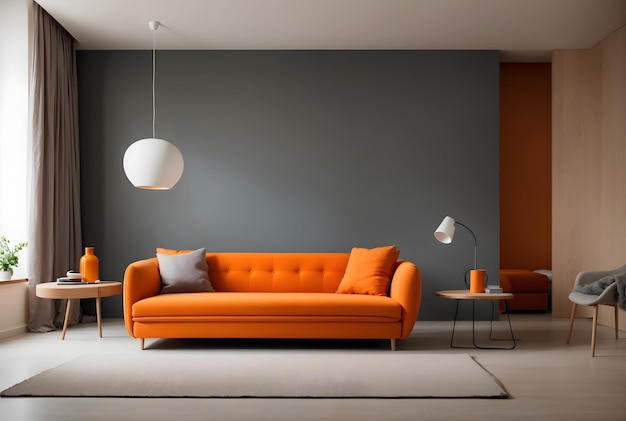 写真 モダンなインテリア リビング ルームのデザイン コンセプト オレンジ ソファ ベッド建築バナー コピー スペース テキスト