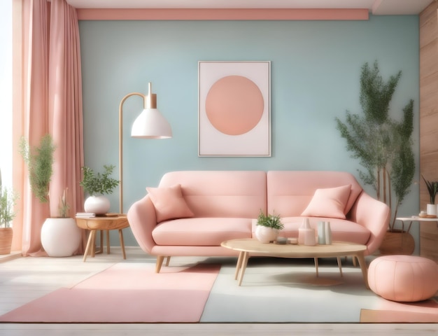 Modern interior living room design in pastel pink and blue colour