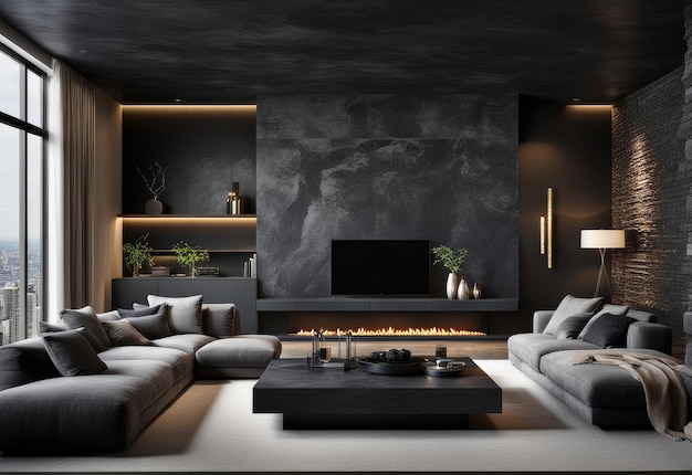 Modern interior of a living room Penthouse Loft with dark stone walls 3d Rendering