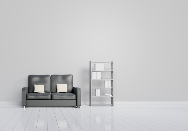 Современный интерьер гостиной с черным диваном с серым и деревянным глянцевым полом