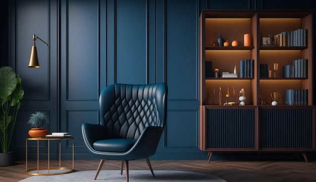 Modern interior of living room with cabinet and armchair on dark blue wall background Generative AI