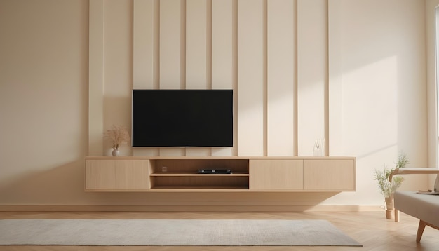 Modern interior of living room with empty cabinet for tv on wooden slat cream color wall background