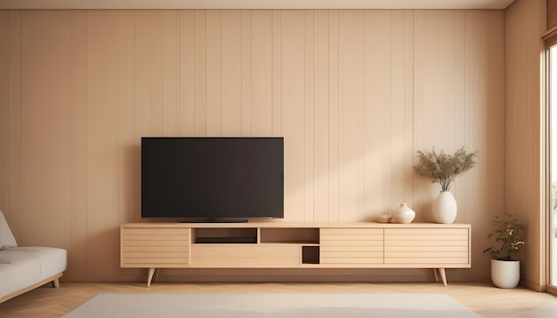 木製のスラットのクリーム色の壁の背景にテレビの空のキャビネットを持つリビングの現代的なインテリア