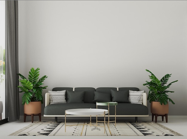 Foto interno moderno del soggiorno con decorazione del divano grigio su uno sfondo bianco vuoto della parete