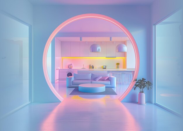 Modern interior of a living room with a kitchen with a circular entrance Pastel colors