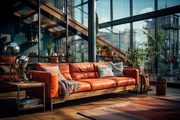 modern interior of the living room with a sofa and a table