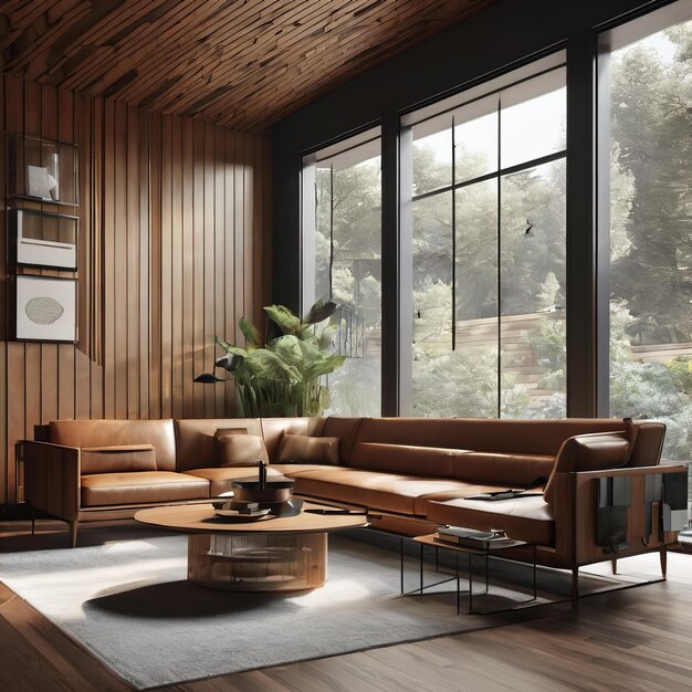 Photo modern interior of a living room with a wooden sofa and a large window