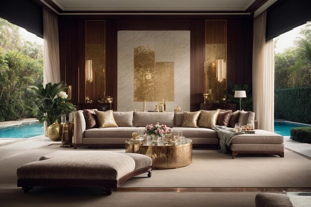 Фото Современный интерьер роскошная гостиная элегантный диван стол внешний бассейн ночной вид