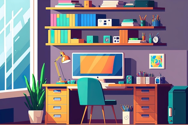 사무실 만화 스타일의 다채로운 이미지에서 현대적인 인테리어 사무실 공간 캐비닛 PC