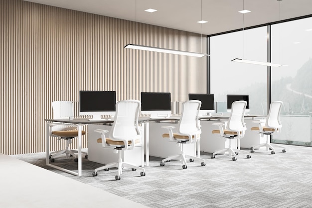 Современный интерьер Open Office Workspace 3d Rendering