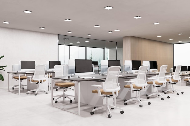 Rendering 3d dell'area di lavoro interna moderna dell'ufficio aperto