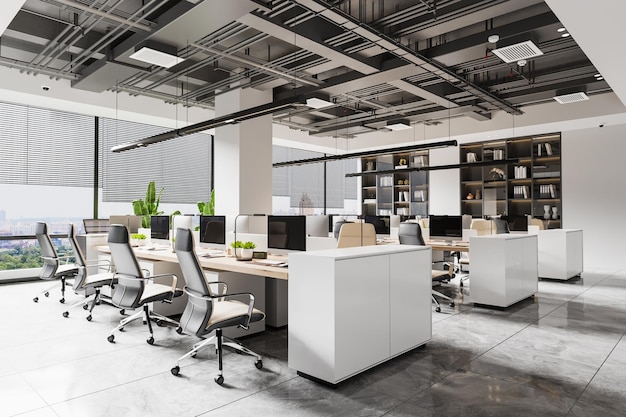 Modern Interior Open Office Workspace 3d Rendering