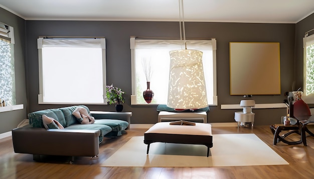 Современный интерьер открытого пространства с дизайнерской модульной диванной мебелью, подушками для журнального столика